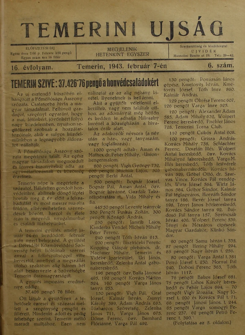 Temerini Újság 1928-1944, 16. évf. 1943. február 7. 6. sz.