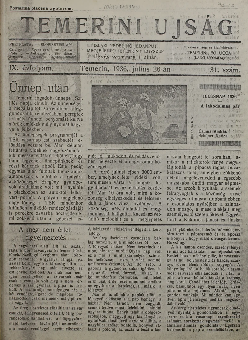 Temerini Újság 1928-1944, 9. évf. 1936. július 26. 31. sz.
