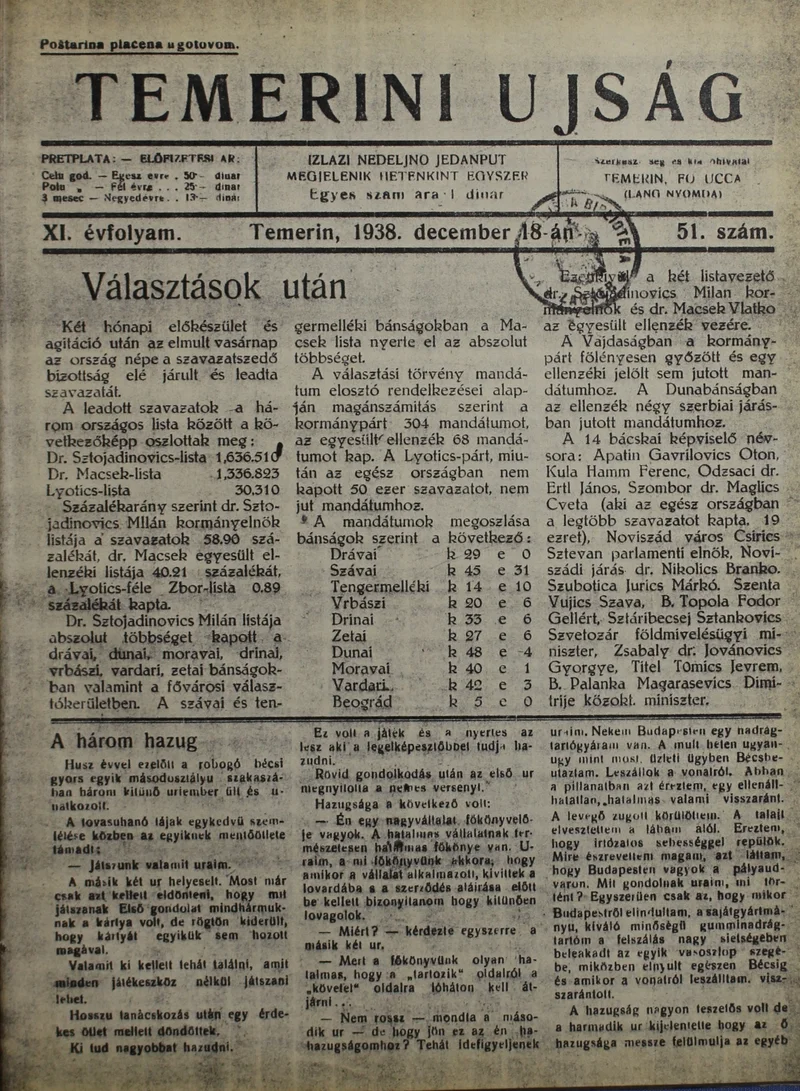 Temerini Újság 1928-1944, 11. évf. 1938. december 18. 51. sz.