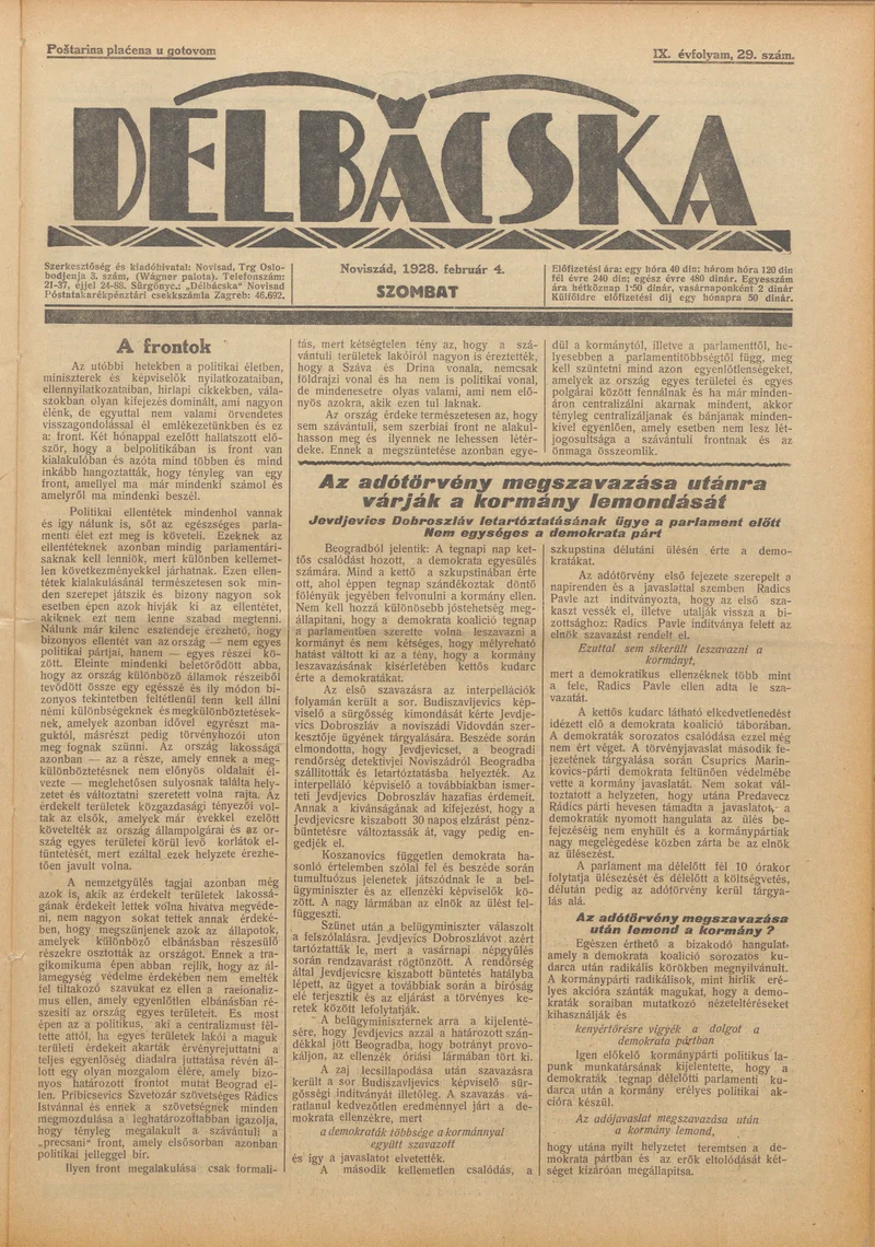 Délbácska, 9. évf. 1928. február 4. 29. sz.