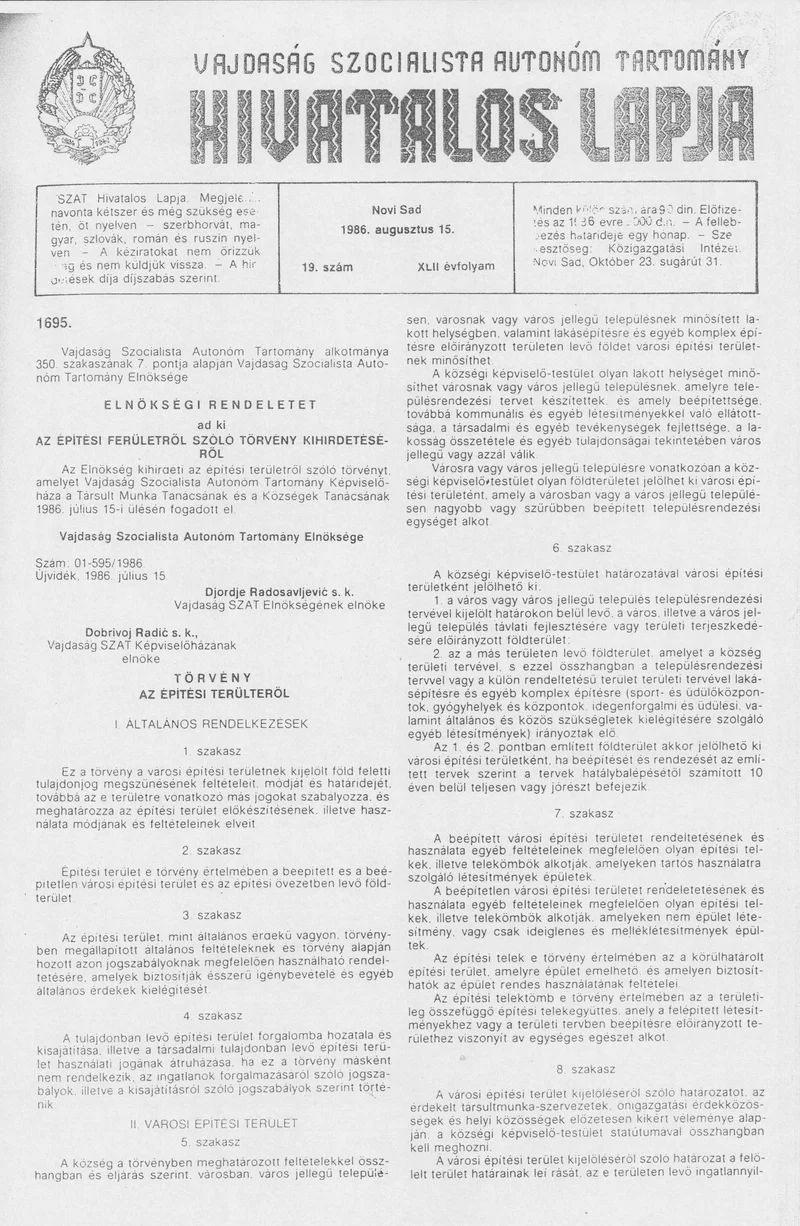 Vajdaság Szocialista Autonóm Tartomány Hivatalos Lapja, 42. évf. 1986. augusztus 15. 19. sz.
