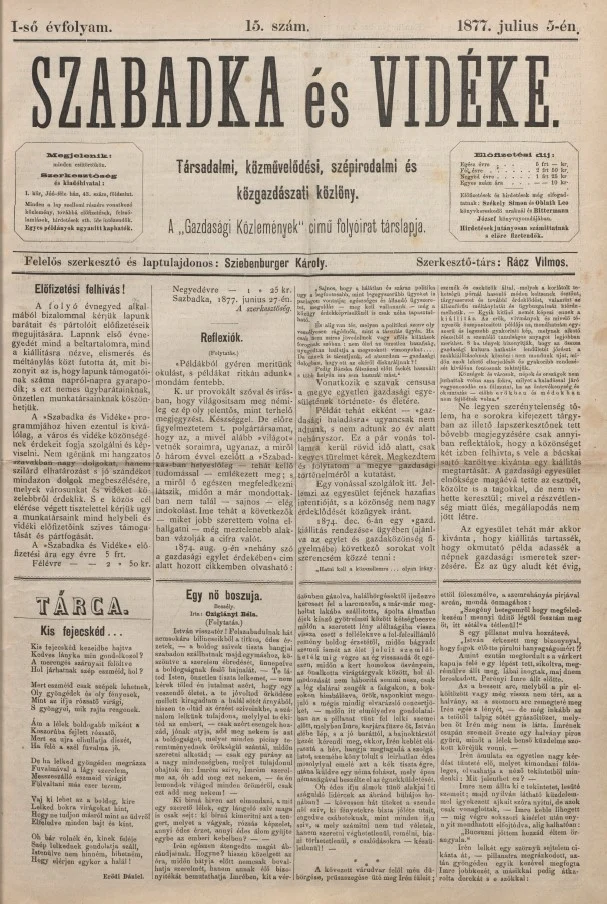Szabadka és vidéke, 1. évf. 1877. július 5. 15. sz.