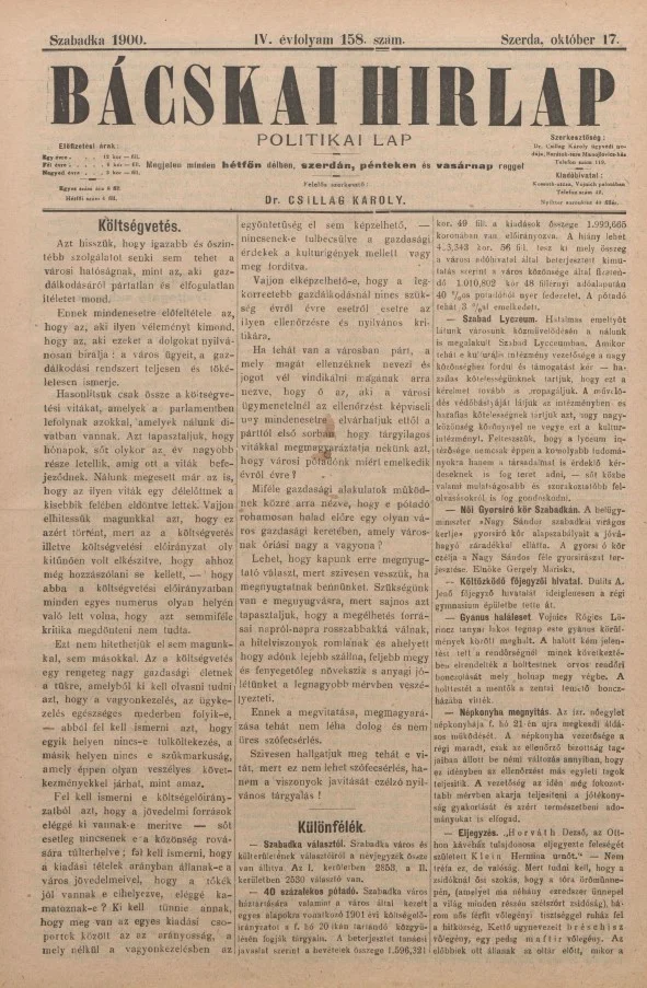 Bácskai Hirlap, 4. évf. 1900. október 17. 158. sz.