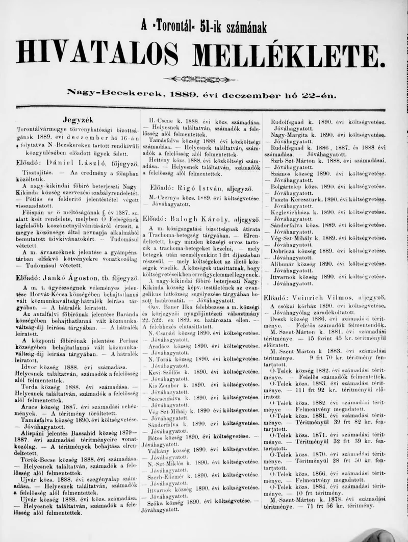 A Totontál  hivatalos melléklete, 2. évf. 1889. december 22. 51. sz.