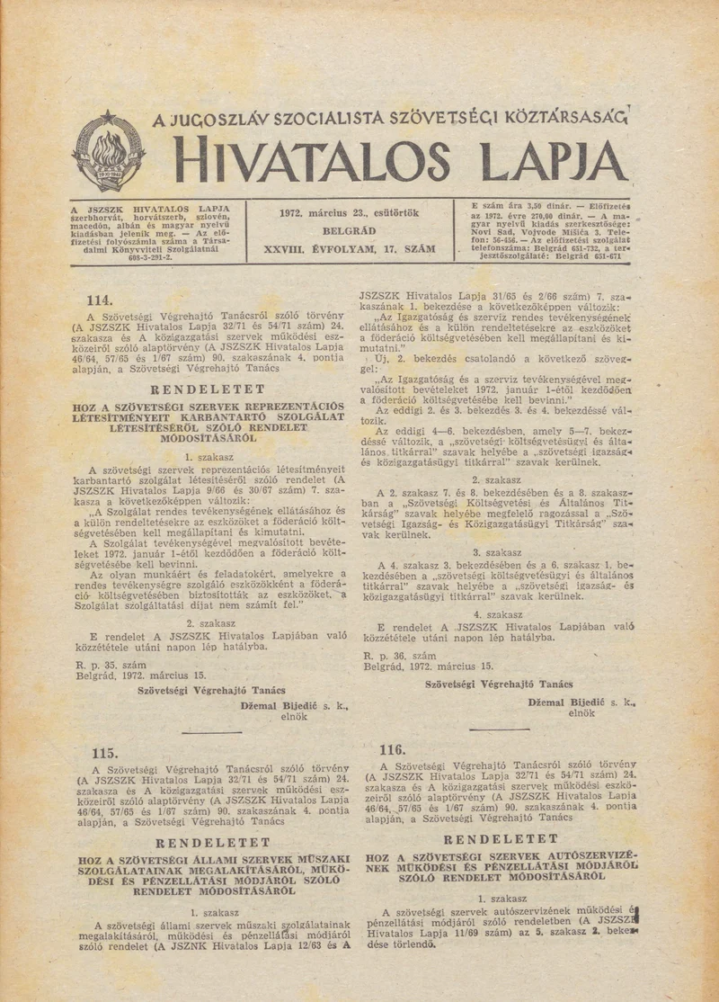 A Jugoszláv Szocialista Szövetségi Köztársaság Hivatalos Lapja, 28. évf. 1972. március 23. 17. sz. 353–364. oldal