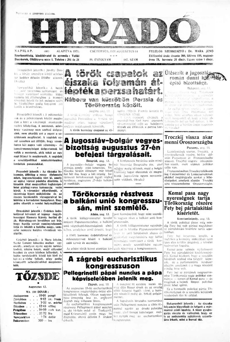 Híradó, 59. évf. 1930. augusztus 14. 187. sz.