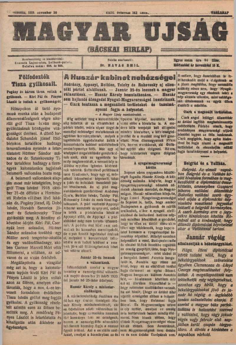 Bácskai Hirlap, 23. évf. 1919. november 30. 142. sz.