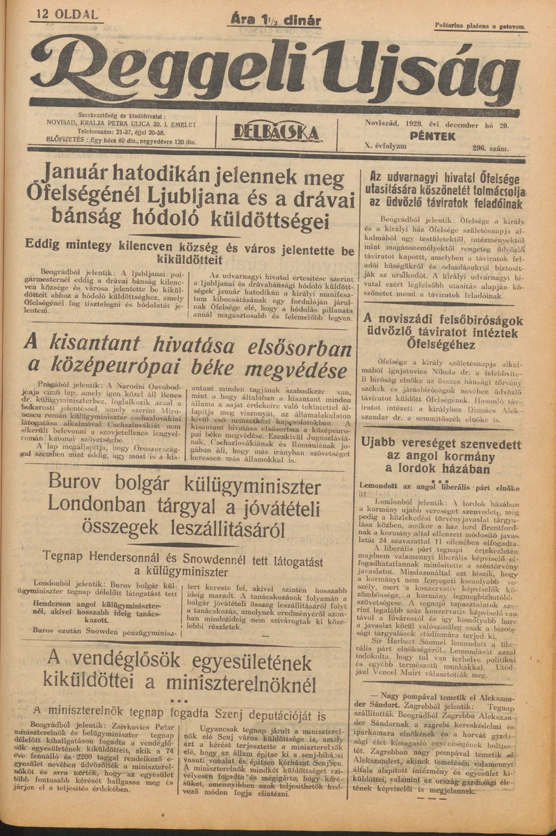 Reggeli Újság, 10. évf. 1929. december 20. 296. sz.