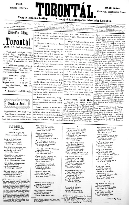 Torontál, 10. évf. 1881. szeptember 29. 39. sz.