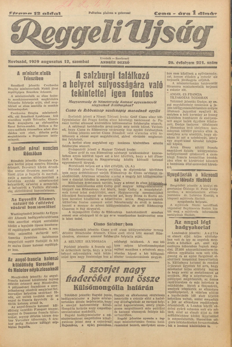 Reggeli Újság, 20. évf. 1939. augusztus 12. 221. sz.