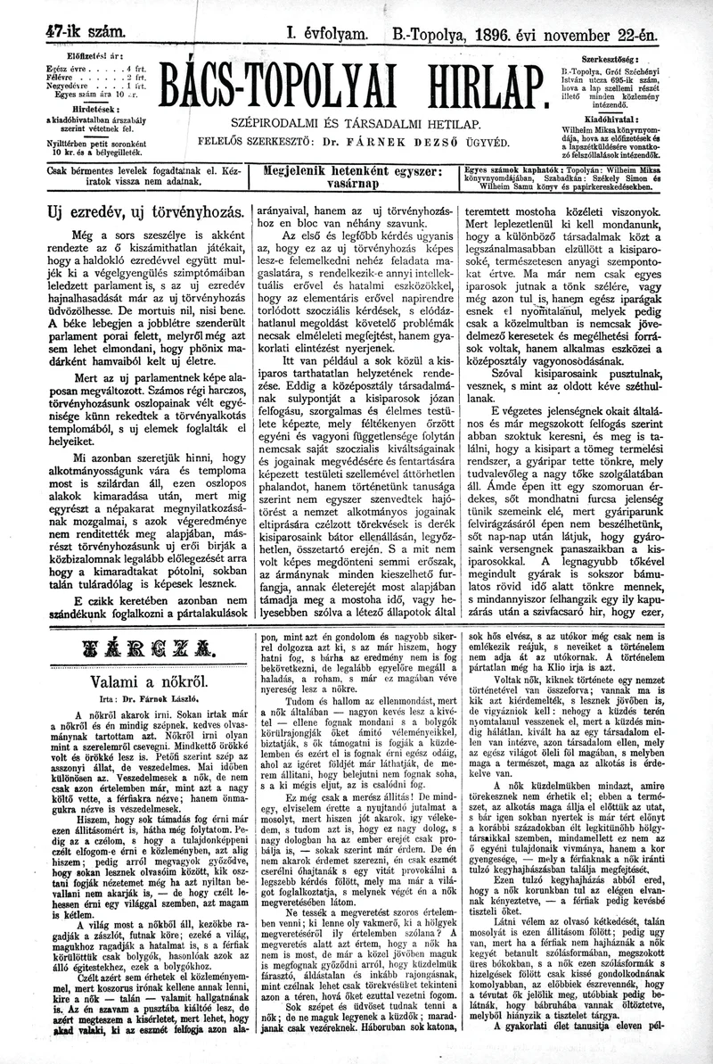 Bács-Topolyai Hirlap, 1. évf. 1896. november 22. 47. sz.