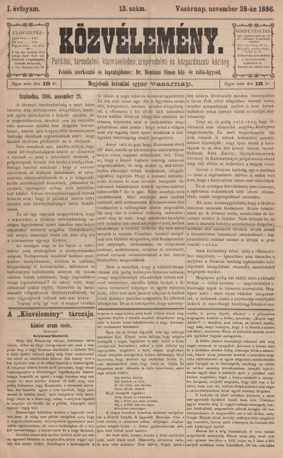 Közvélemény, 1. évf. 1886. november 28. 13. sz.