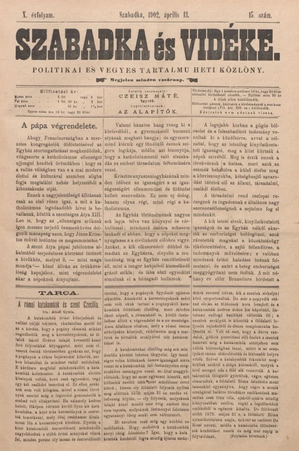 Szabadka és vidéke II, 10. évf. 1902. április 13. 15. sz.