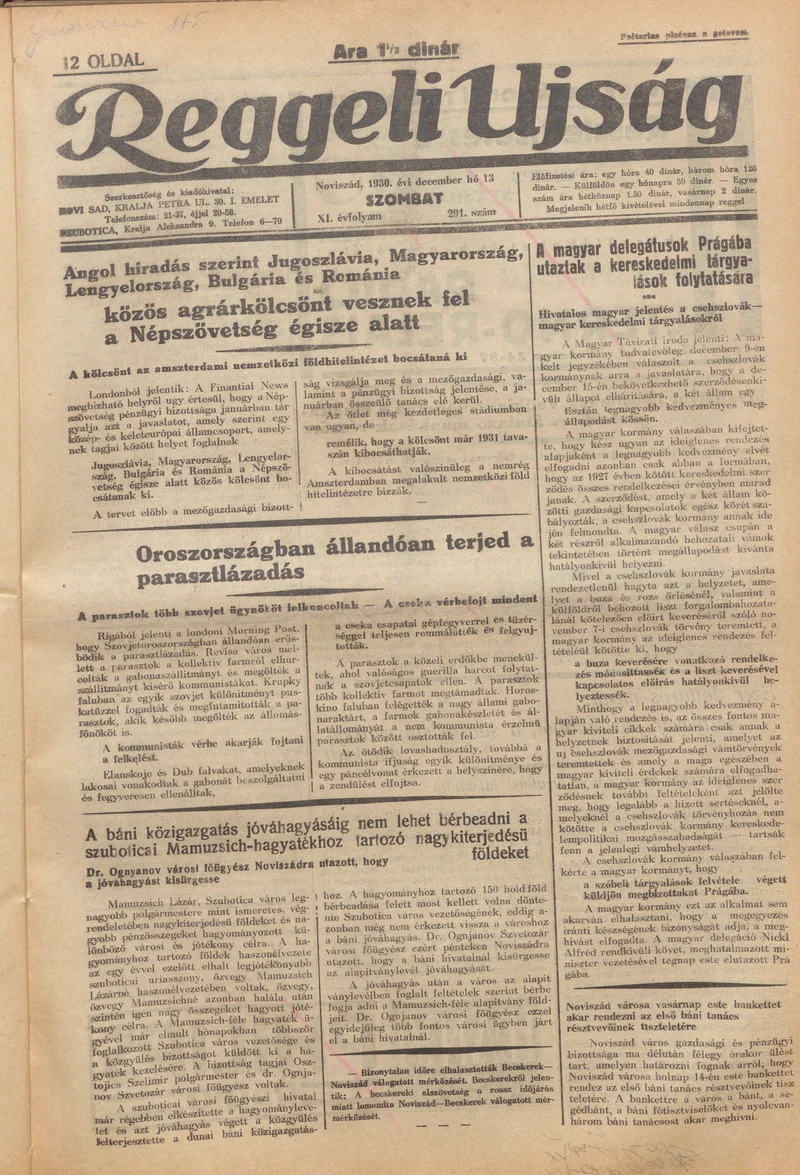 Reggeli Újság, 11. évf. 1930. december 13. 291. sz.