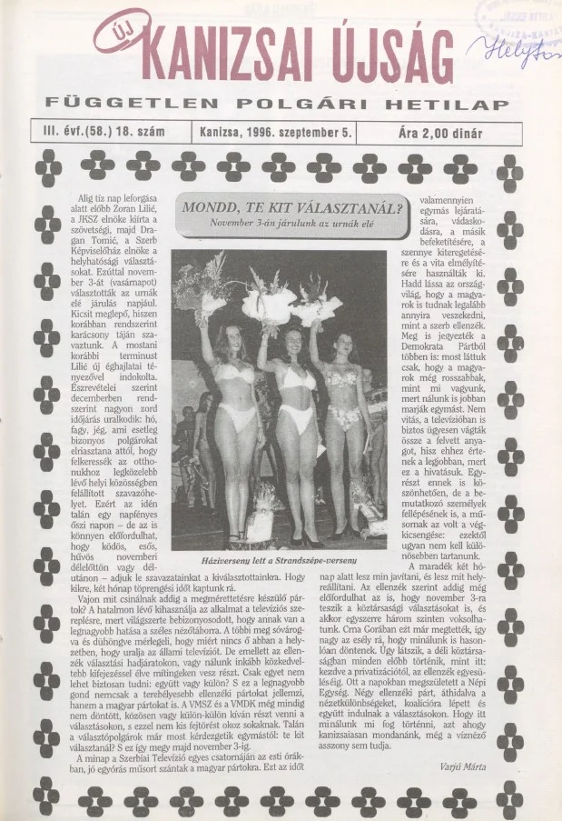 Új Kanizsai Újság, 3. évf. 1996. szeptember 5. 18. sz.