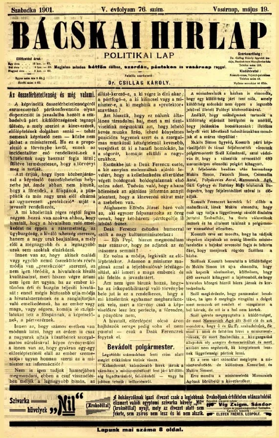 Bácskai Hirlap, 5. évf. 1901. május 19. 76. sz.