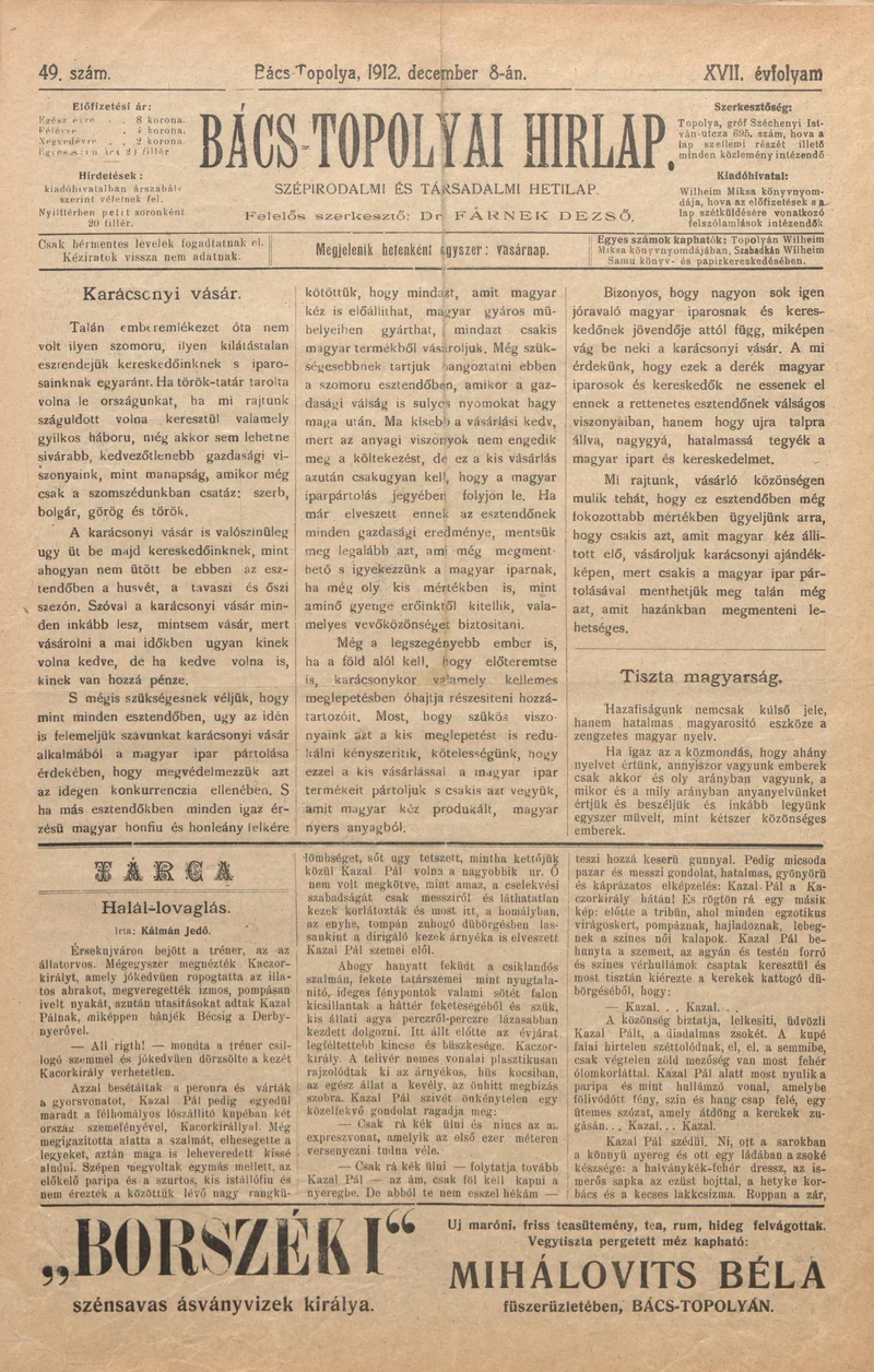 Bács-Topolyai Hirlap, 17. évf. 1912. december 8. 49. sz.