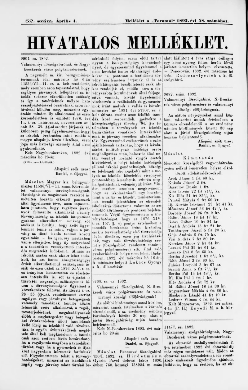 A Totontál  hivatalos melléklete, 5. évf. 1892. április 4. 52. sz.