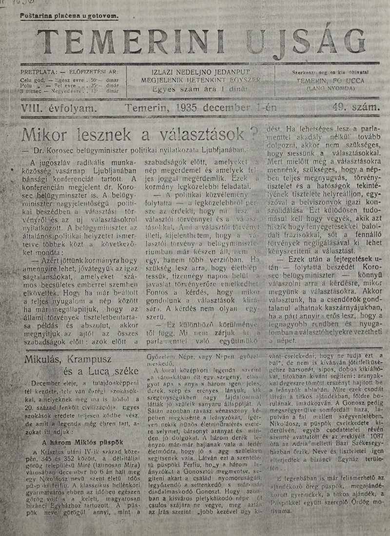 Temerini Újság 1928-1944, 8. évf. 1935. december 1. 49. sz.