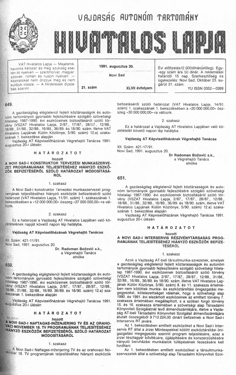 Vajdaság Szocialista Autonóm Tartomány Hivatalos Lapja, 47. évf. 1991. augusztus 30. 21. sz.