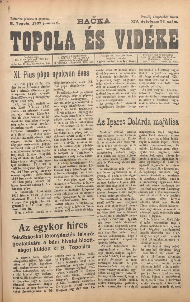 Bačka Topola és Vidéke, 14. évf. 1937. június 6. 23. sz.
