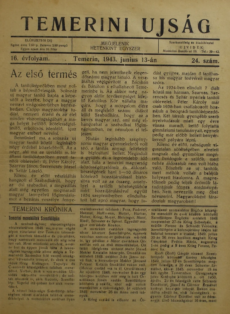 Temerini Újság 1928-1944, 16. évf. 1943. június 13. 24. sz.
