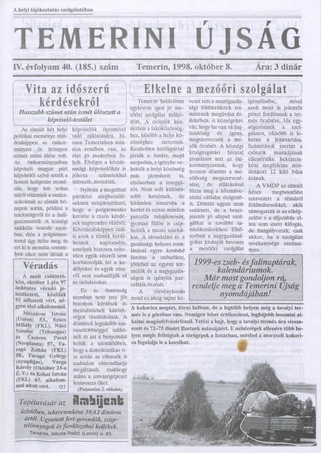 Temerini Újság, 4. évf. 1998. október 8. 40. sz.