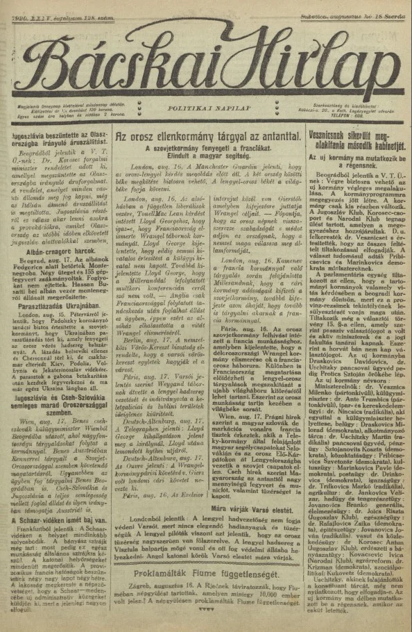 Bácskai Hirlap, 24. évf. 1920. augusztus 18. 128. sz.