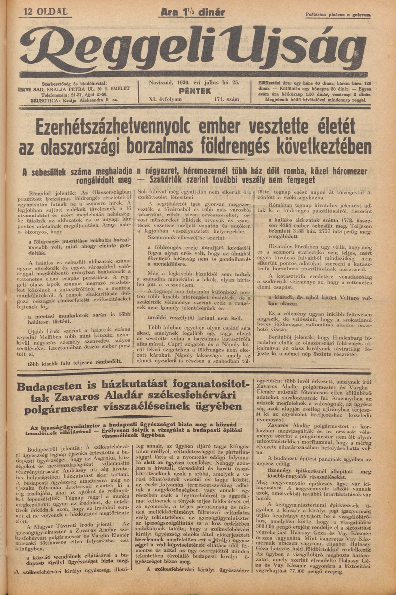 Reggeli Újság, 11. évf. 1930. július 25. 171. sz.