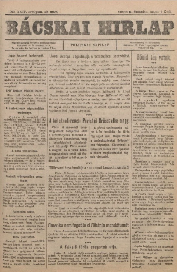Bácskai Hirlap, 24. évf. 1920. május 4. 52. sz.
