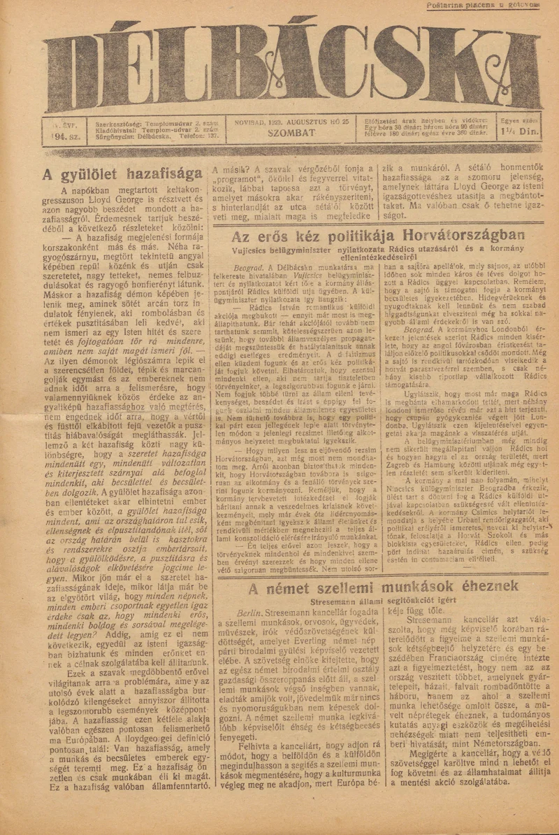 Délbácska, 4. évf. 1923. augusztus 25. 194. sz.