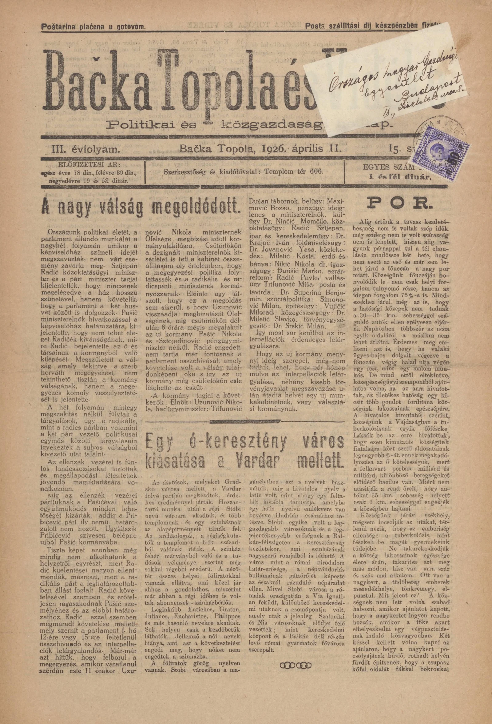 Bačka Topola és Vidéke, 3. évf. 1926. április 11. 15. sz.