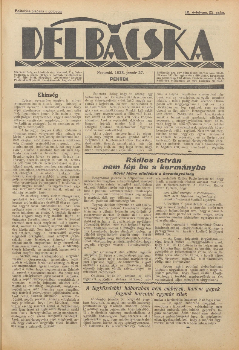Délbácska, 9. évf. 1928. január 27. 22. sz.