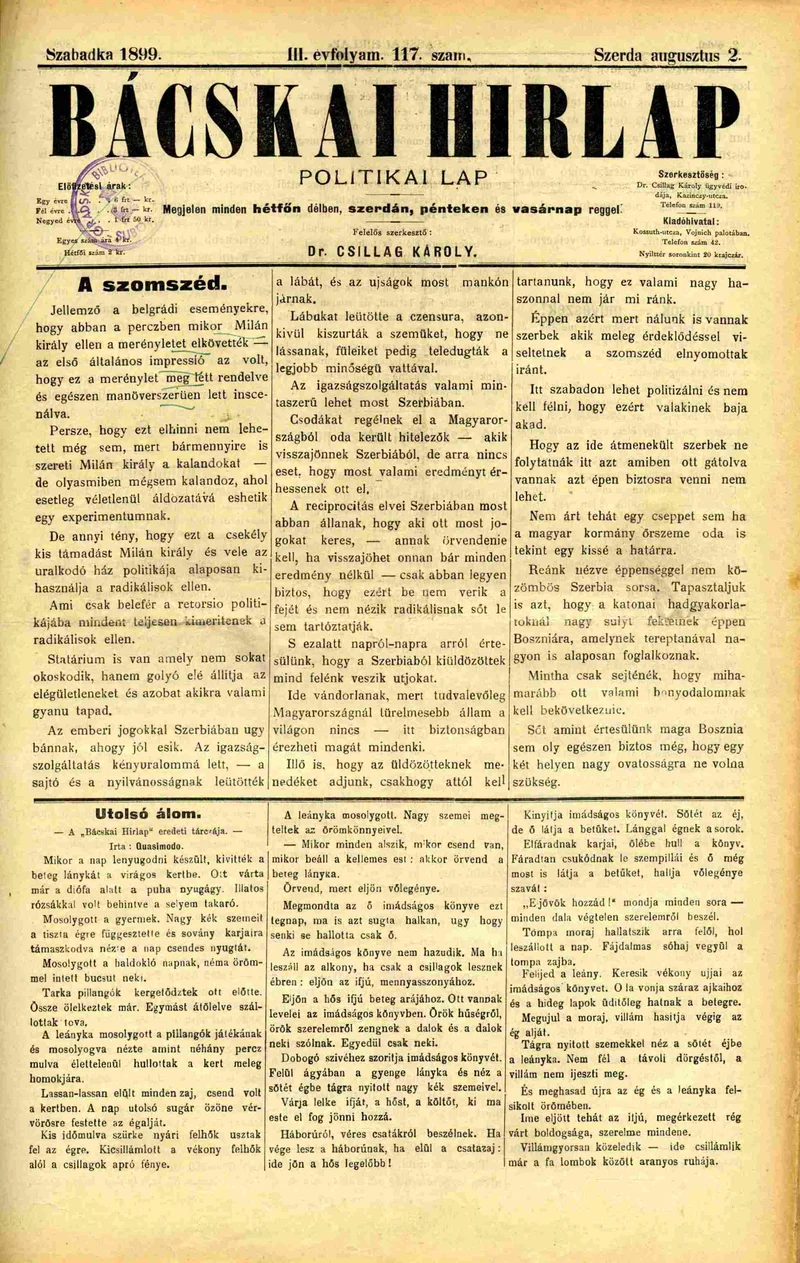 Bácskai Hirlap, 3. évf. 1899. augusztus 2. 117. sz.