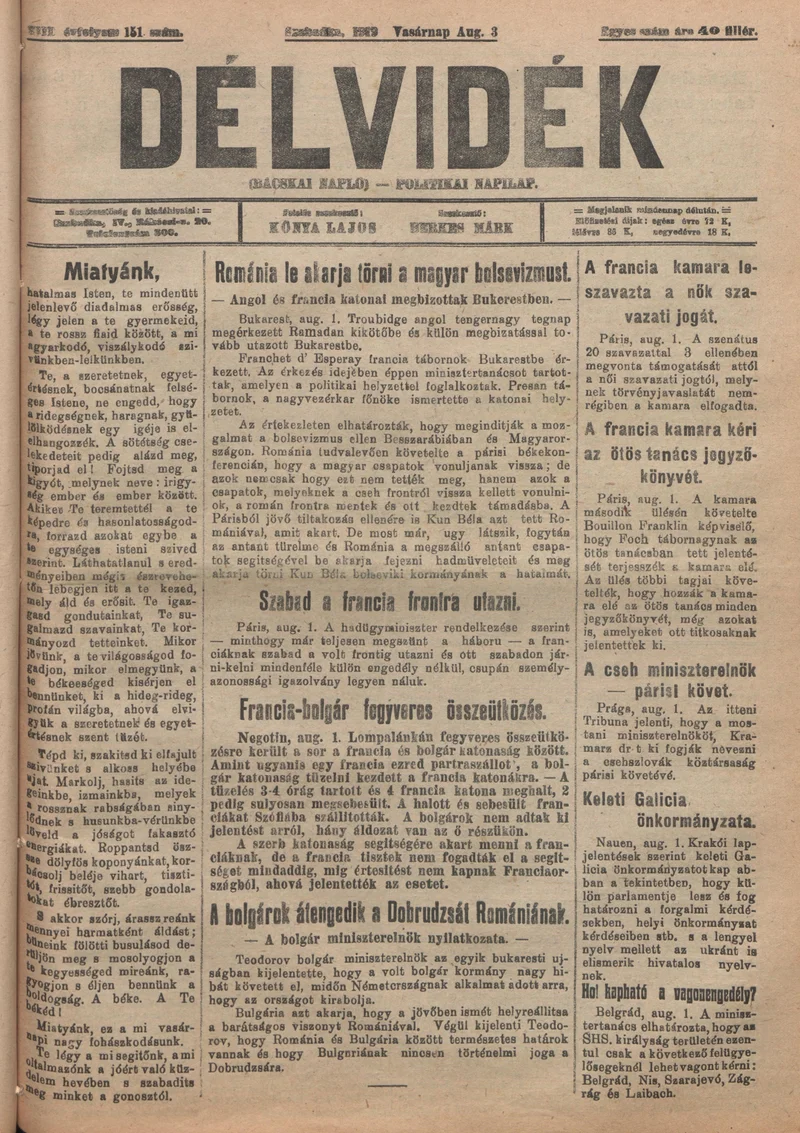 Délvidék, 13. évf. 1919. augusztus 3. 151. sz.
