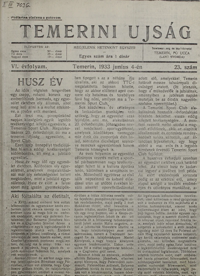 Temerini Újság 1928-1944, 6. évf. 1933. június 4. 23. sz.
