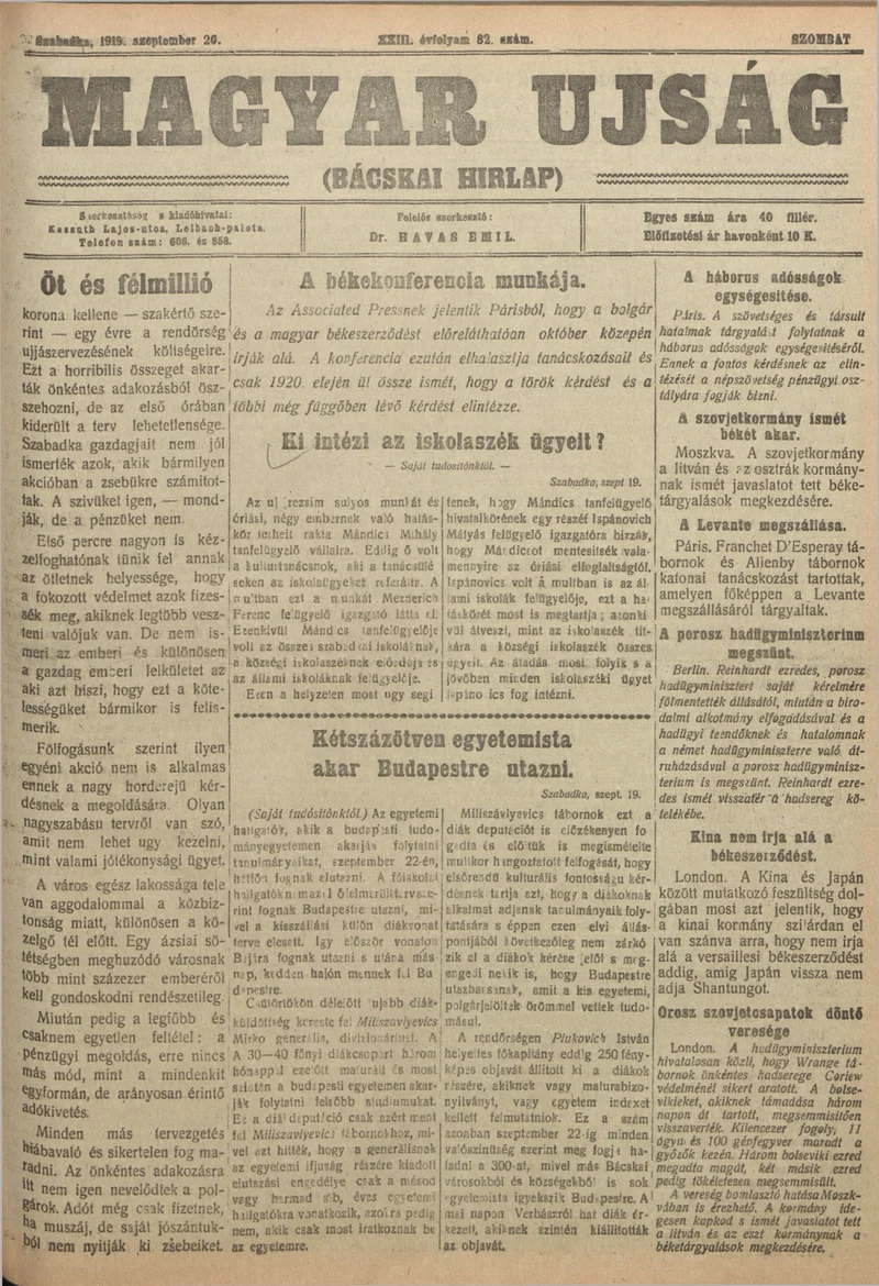 Bácskai Hirlap, 23. évf. 1919. szeptember 20. 82. sz.