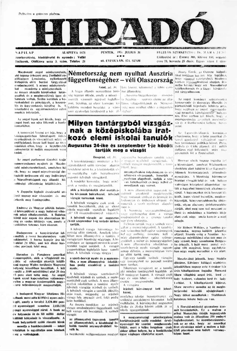 Híradó, 60. évf. 1931. július 31. 174. sz.
