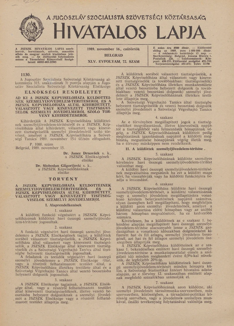 A Jugoszláv Szocialista Szövetségi Köztársaság Hivatalos Lapja, 45. évf. 1989. november 16. 72. sz. 1757–1760. oldal