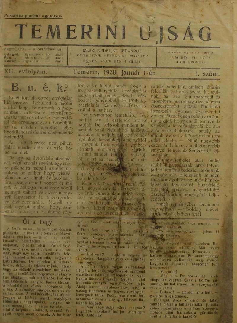Temerini Újság 1928-1944, 12. évf. 1939. január 1. 1. sz.
