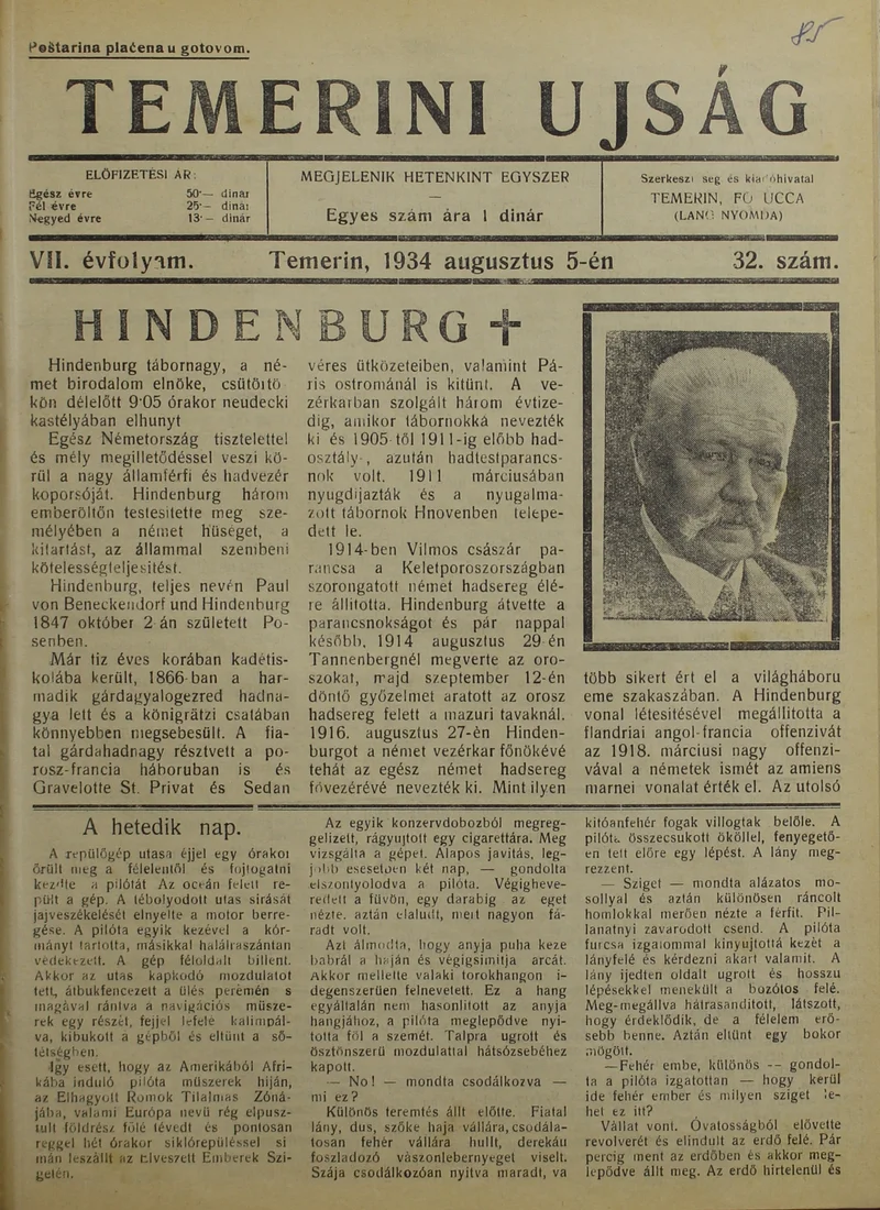 Temerini Újság 1928-1944, 7. évf. 1934. augusztus 5. 32. sz.