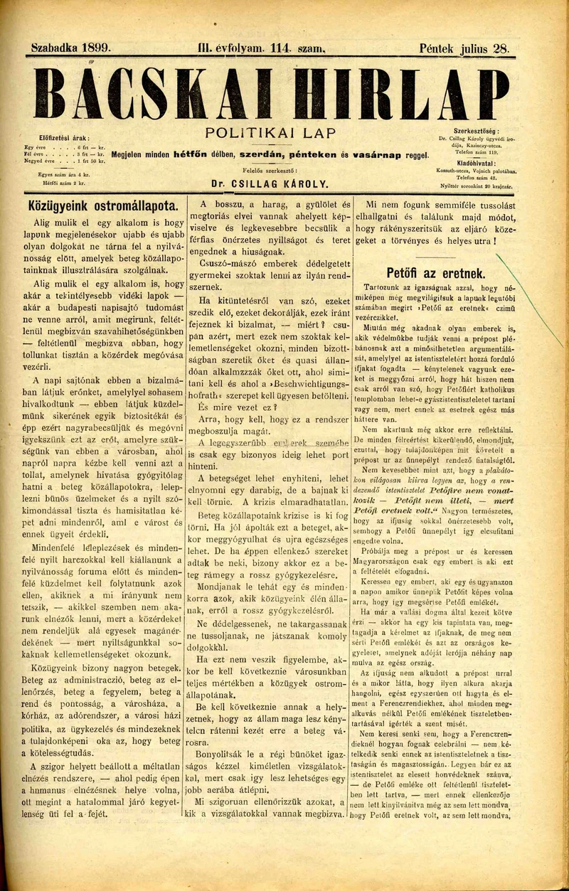 Bácskai Hirlap, 3. évf. 1899. július 28. 114. sz.