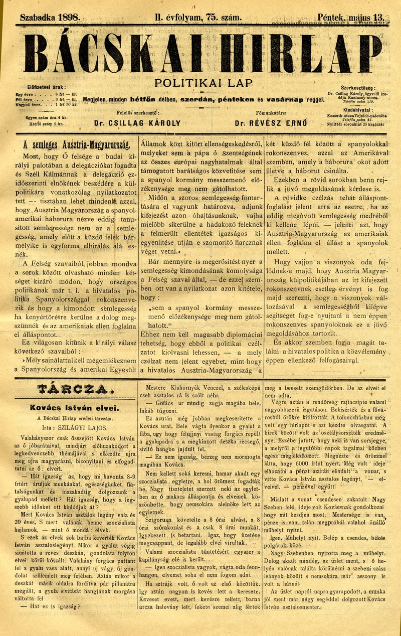 Bácskai Hirlap, 2. évf. 1898. május 13. 75. sz. 1–4. oldal