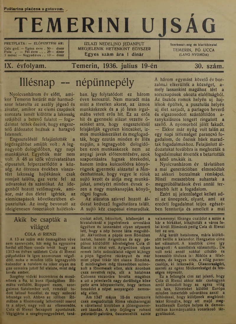 Temerini Újság 1928-1944, 9. évf. 1936. július 19. 30. sz.