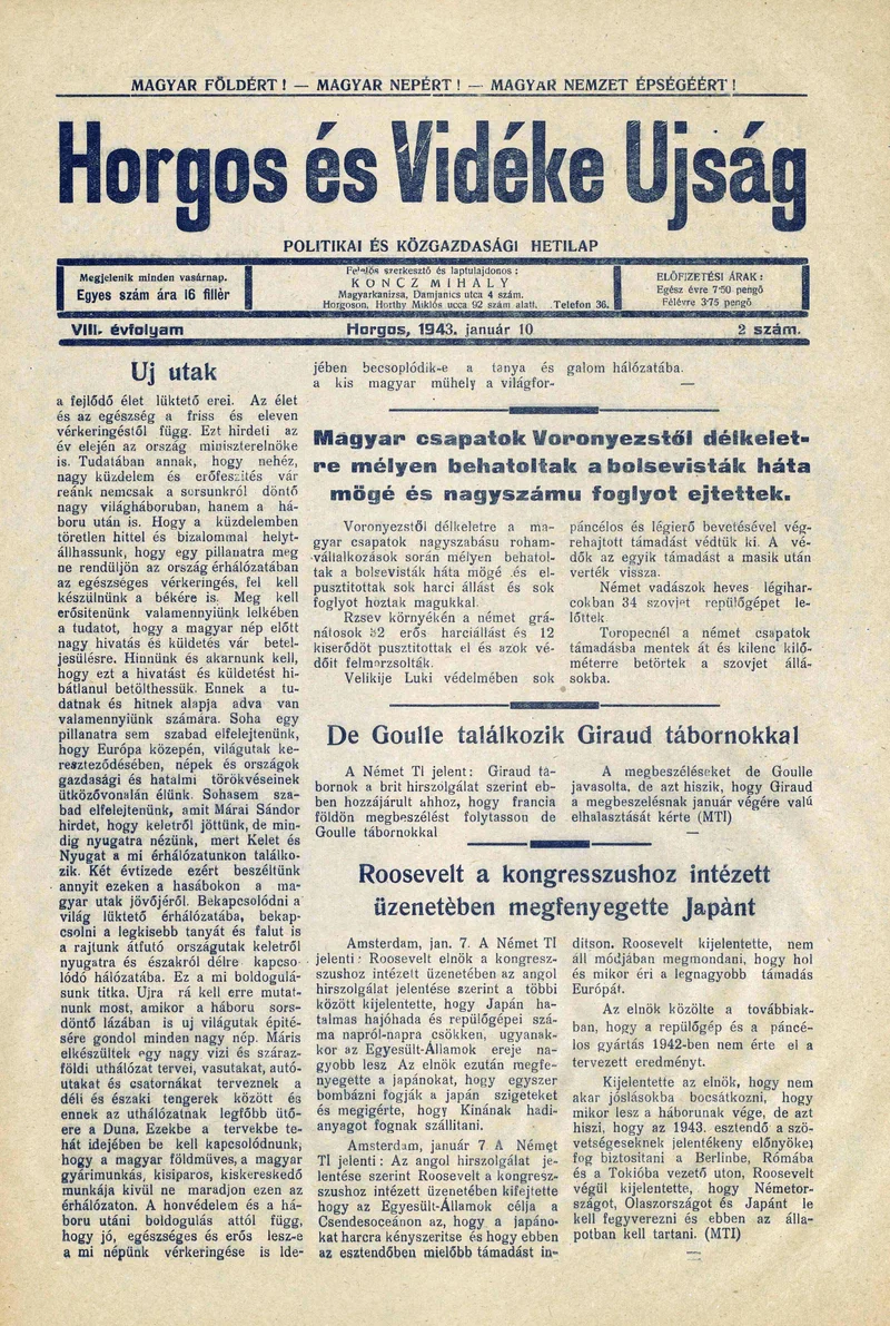 Horgos és vidéke, 8. évf. 1943. január 10. 2. sz.