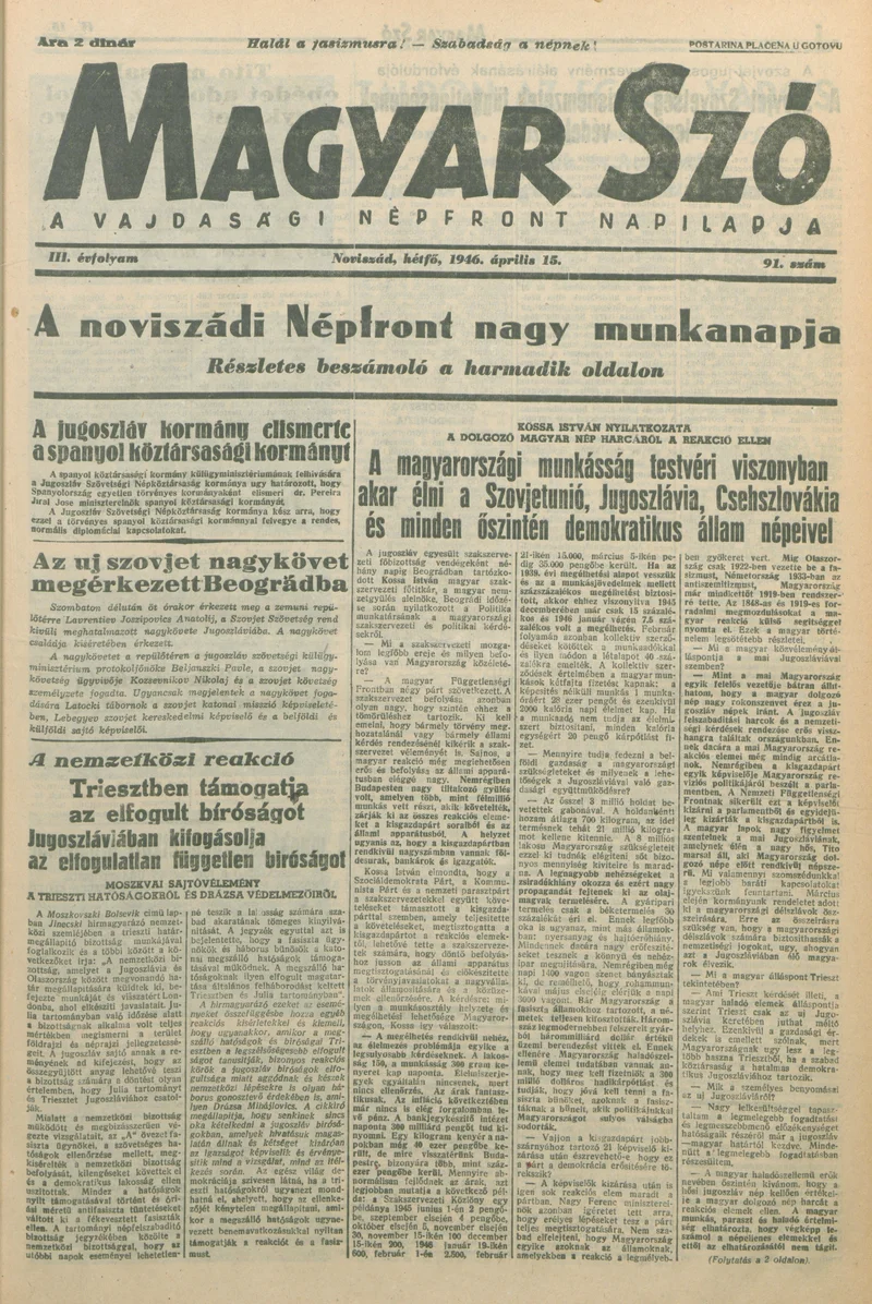 Magyar Szó, 3. évf. 1946. április 15. 91. sz. 1–6. oldal