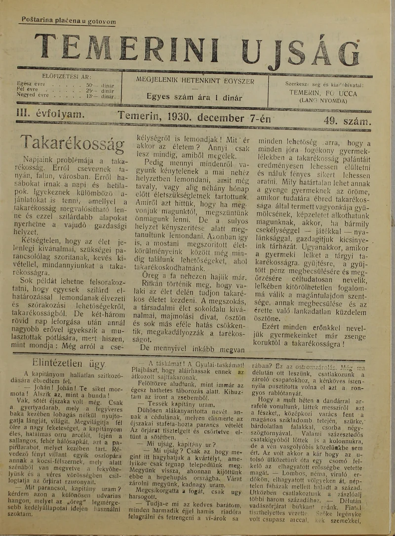 Temerini Újság 1928-1944, 3. évf. 1930. december 7. 49. sz.