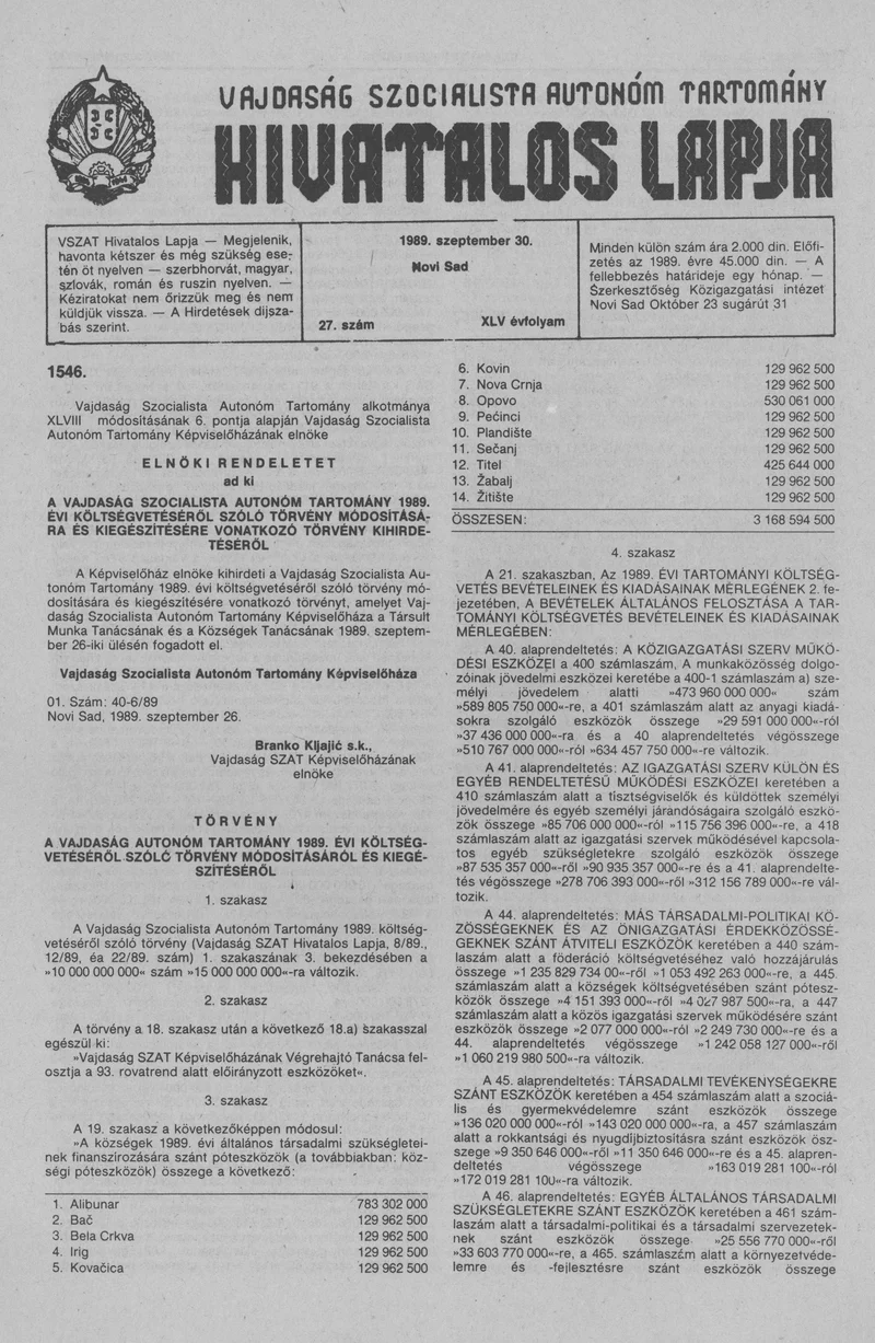 Vajdaság Szocialista Autonóm Tartomány Hivatalos Lapja, 45. évf. 1989. szeptember 30. 27. sz.