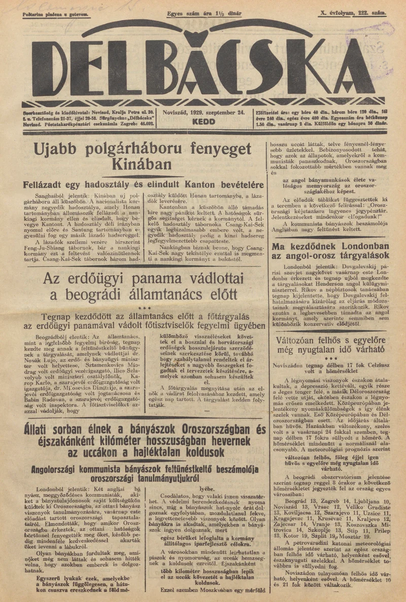 Délbácska, 10. évf. 1929. szeptember 24. 222. sz.