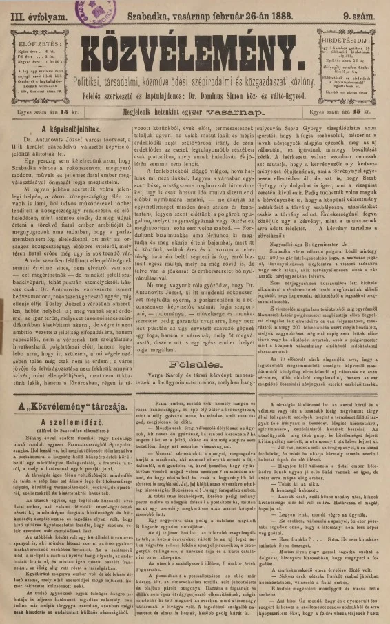 Közvélemény, 3. évf. 1888. február 26. 9. sz.